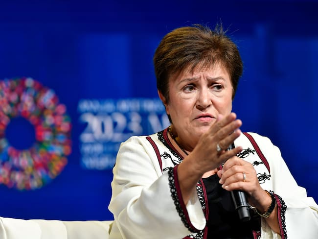 Marrakesh (Morocco), 12/10/2023.- IMF Managing Director Kristalina Georgieva speaks at a session during the fourth day of the 2023 Annual Meetings of the International Monetary Fund (IMF) and the World Bank Group (WBG) in Marrakesh, Morocco, 12 October 2023. This year&#039;s annual meetings, held from 09 to 15 October 2023, are joined by central bankers, ministers of finance and development, parliamentarians, private sector executives, representatives from civil society organizations and academics. (Marruecos) EFE/EPA/JALAL MORCHIDI