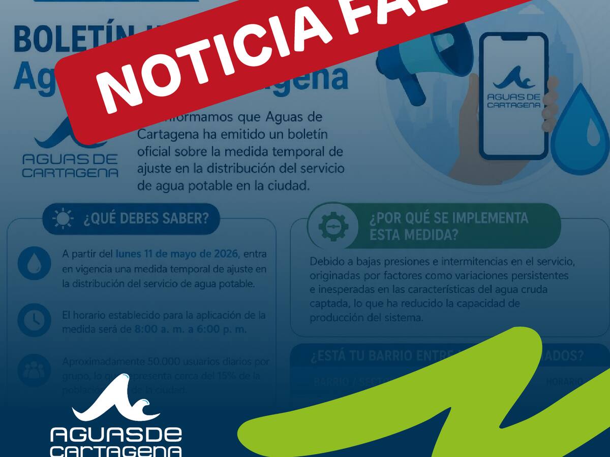 Aguas de Cartagena alerta sobre noticias falsas ante suspensiones programadas del servicio