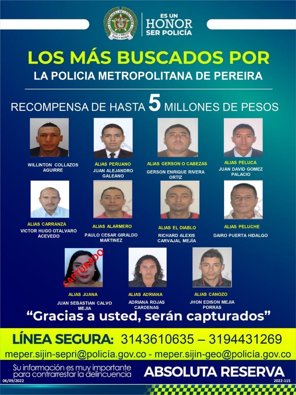 Cartel de los delincuentes más buscados en Pereira