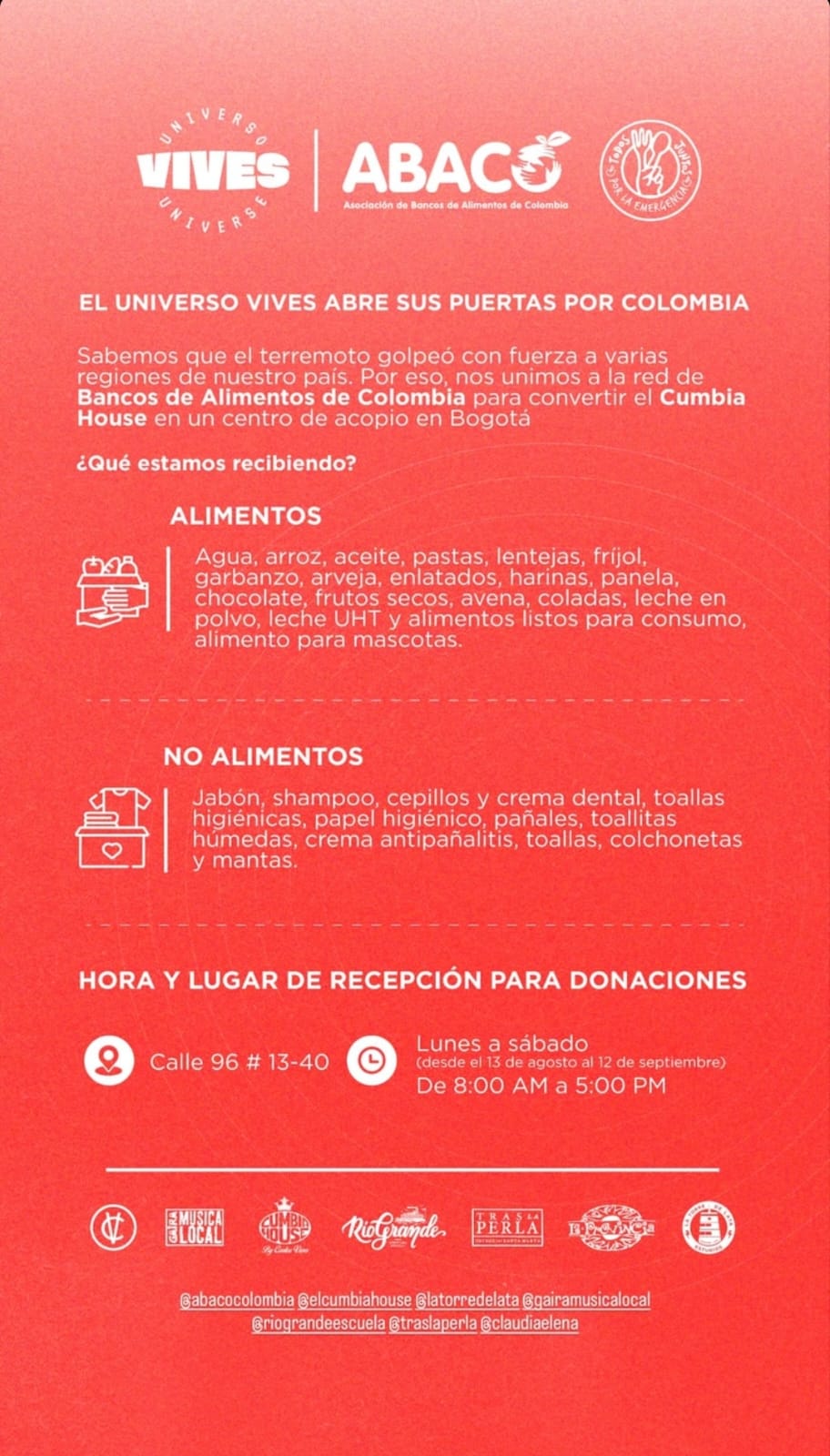 El punto de recolección estará habilitado desde este jueves 13 de agosto hasta el 12 de septiembre en Cumbia House, al norte de Bogotá. Foto: @carlosvives
