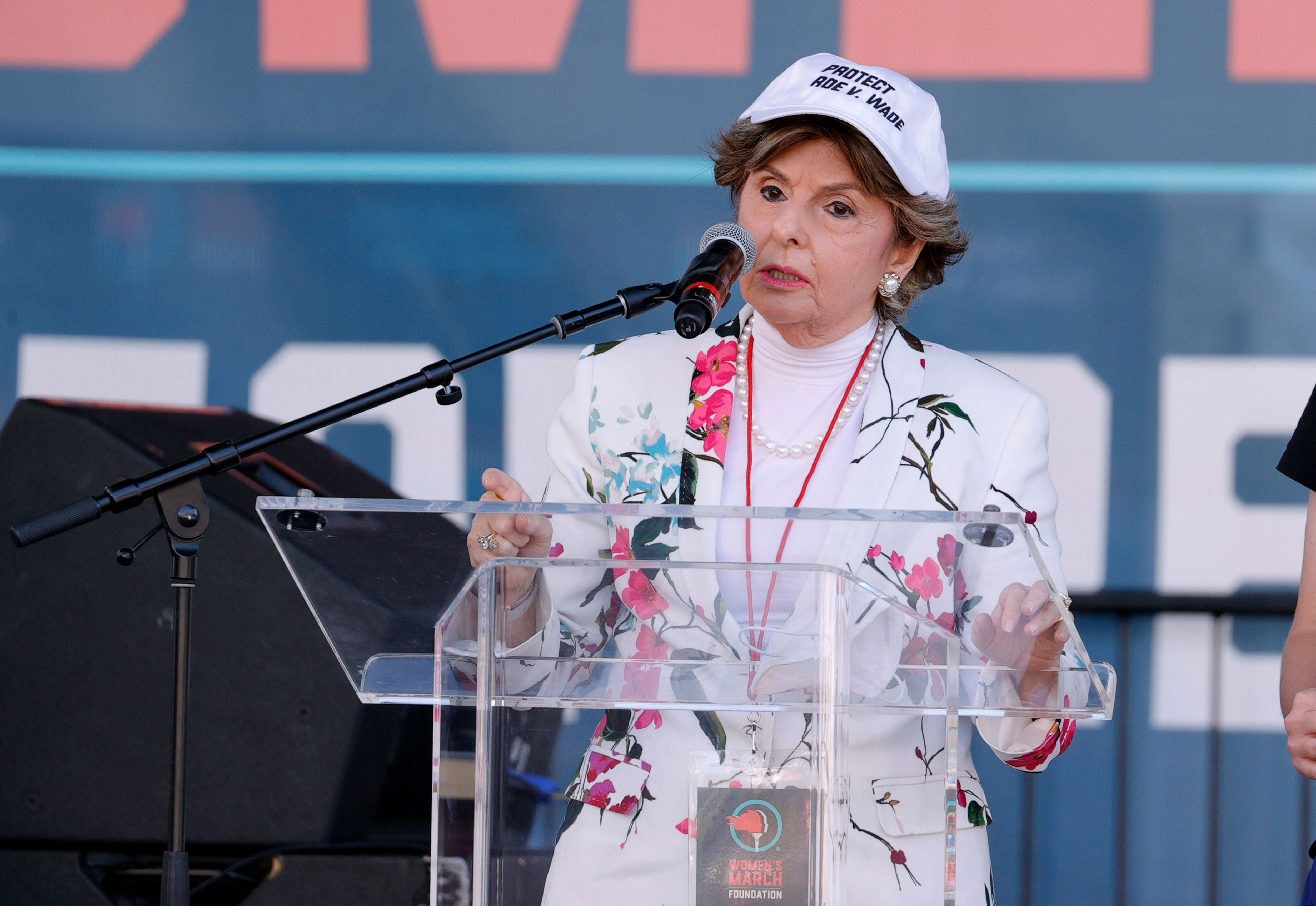 LOS ANGELES, CALIFORNIA - OCTOBER 02: Gloria Allred speaks at Women's March Action: March 4 Reproductive Rights at Pershing Square on October 02, 2021 in Los Angeles, California. (Photo by Amy Sussman/Getty Images)