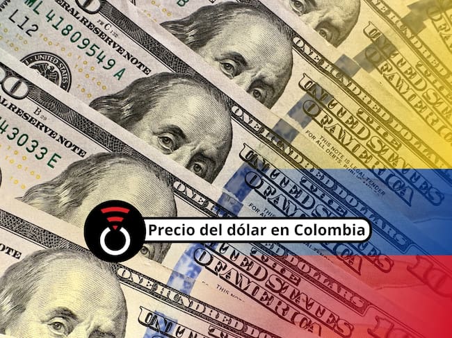 De fondo: Imagen ilustrativa del dólar estadounidense, tomando como referencia el billete de 100 dólares, en el que aparece Benjamin Franklin (Crédito: Getty Images) / Sobre la imagen, fondo translúcido de la bandera de Colombia.