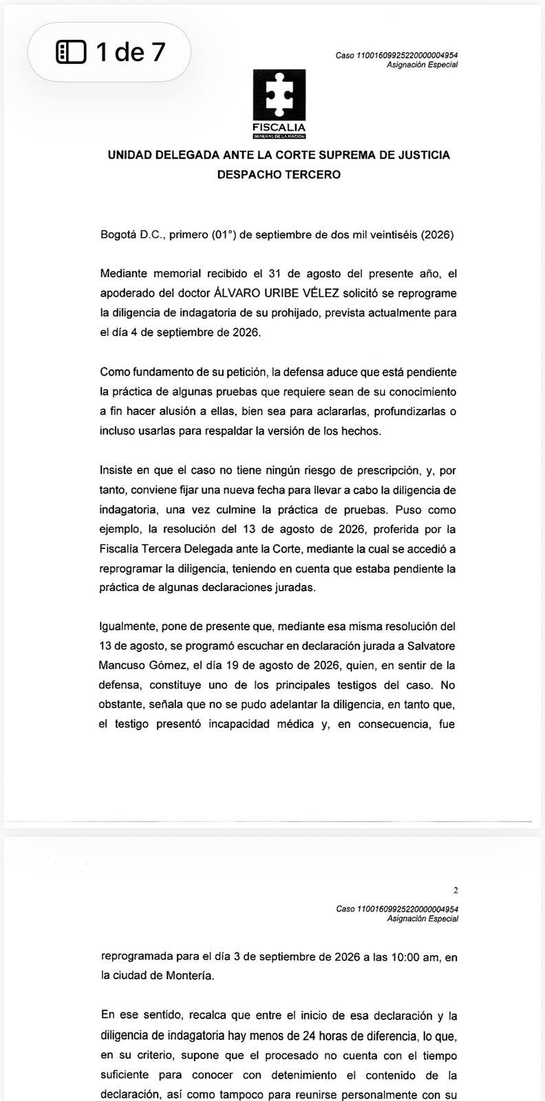 Resolución de la Fiscalía parte 1. sobre Álvaro Uribe.