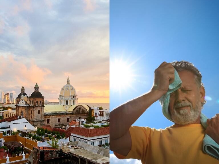 Vista panorámica de Cartagena y al lado una persona con sensación de calor (Fotos vía Getty Images)