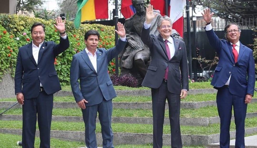 De izquierda a derecha, los presidentes Luis Arce (Bolivia), Pedro Castillo (Perú), Guillermo Lasso (Ecuador) y Gustavo Petro (Colombia).              Foto: Comunidad Andina. 