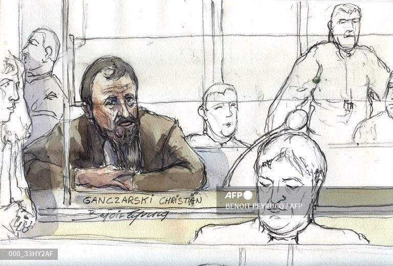 (FILES) A court sketch taken on January 5, 2009 at the Paris courthouse, shows German national Christian Ganczarski, as he is tried with two other men, accused of plotting the 2002 suicide bombing of the historic Djerba synagogue in Tunisia that left 21 dead. The attack, which was extremely violent, triggered an unprecedented industrial action by prison officers: German jihadist Christian Ganczarski goes on trial in Paris on June 12, 2023 for attempting to murder four guards at the ultra-secure Vendin-le-Vieil prison (Pas-de-Calais) in 2018. (Photo by BENOIT PEYRUCQ / AFP)
