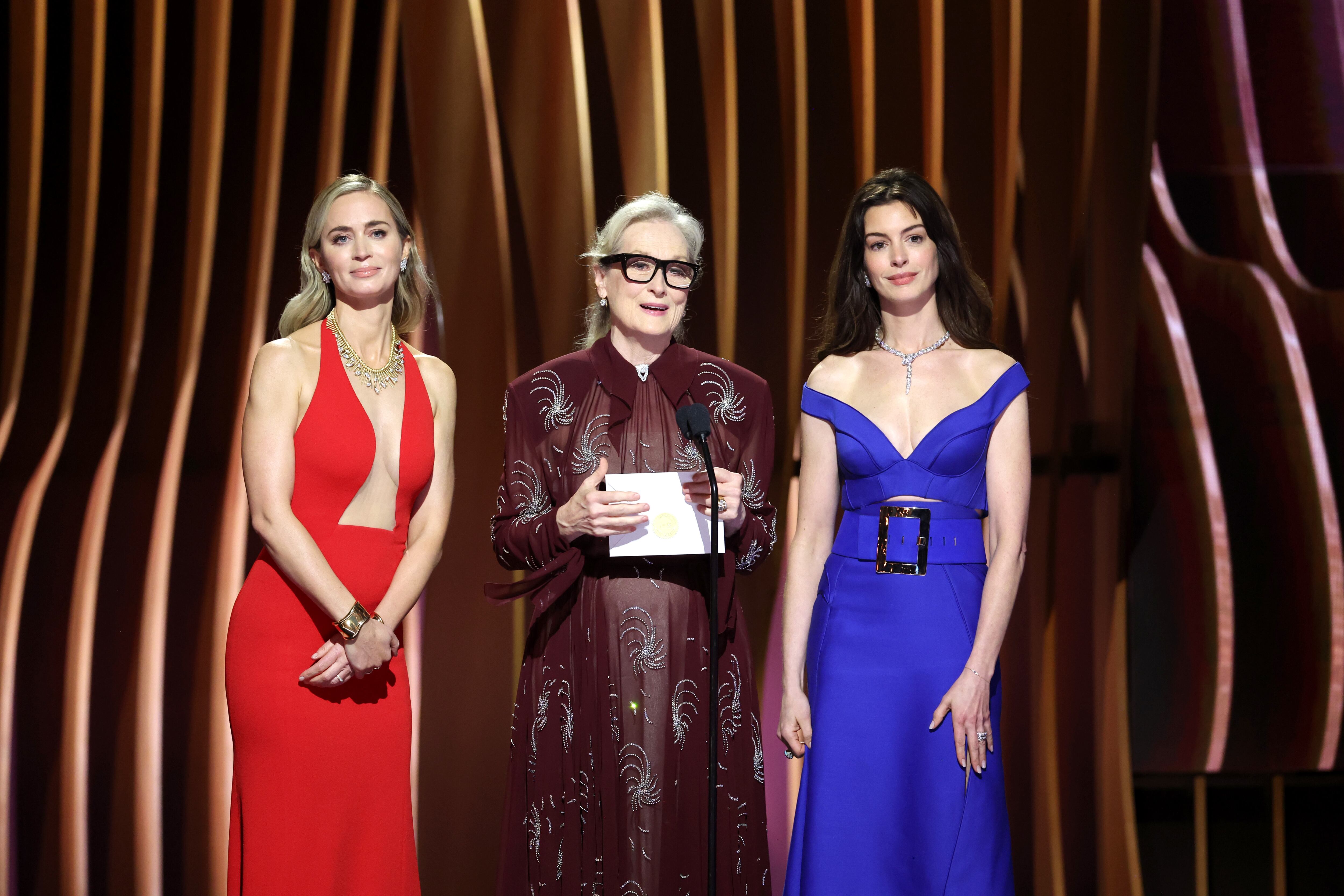 LOS ANGELES, CALIFORNIA - FEBRUARY 24: (L-R) Emily Blunt, Meryl Streep, and Anne Hathaway speak onstage during the 30th Annual Screen Actors Guild Awards at Shrine Auditorium and Expo Hall on February 24, 2024 in Los Angeles, California. (Photo by Matt Winkelmeyer/Getty Images)