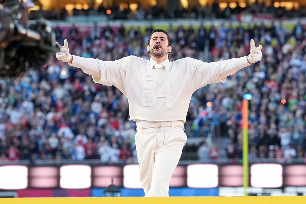 SANTA CLARA, CALIFORNIA - FEBRUARY 08: Musician Bad Bunny performs during the Apple Music halftime show at the NFL Super Bowl LX football game between the Seattle Seahawks and New England Patriots at Levi Stadium on February 8, 2026 in Santa Clara, California. (Photo by Todd Rosenberg/Getty Images)