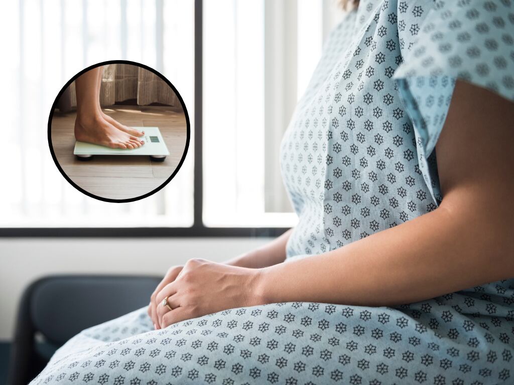 Mujer en un hospital y de fondo una persona midiendo su peso en una báscula (Fotos vía Getty Images)
