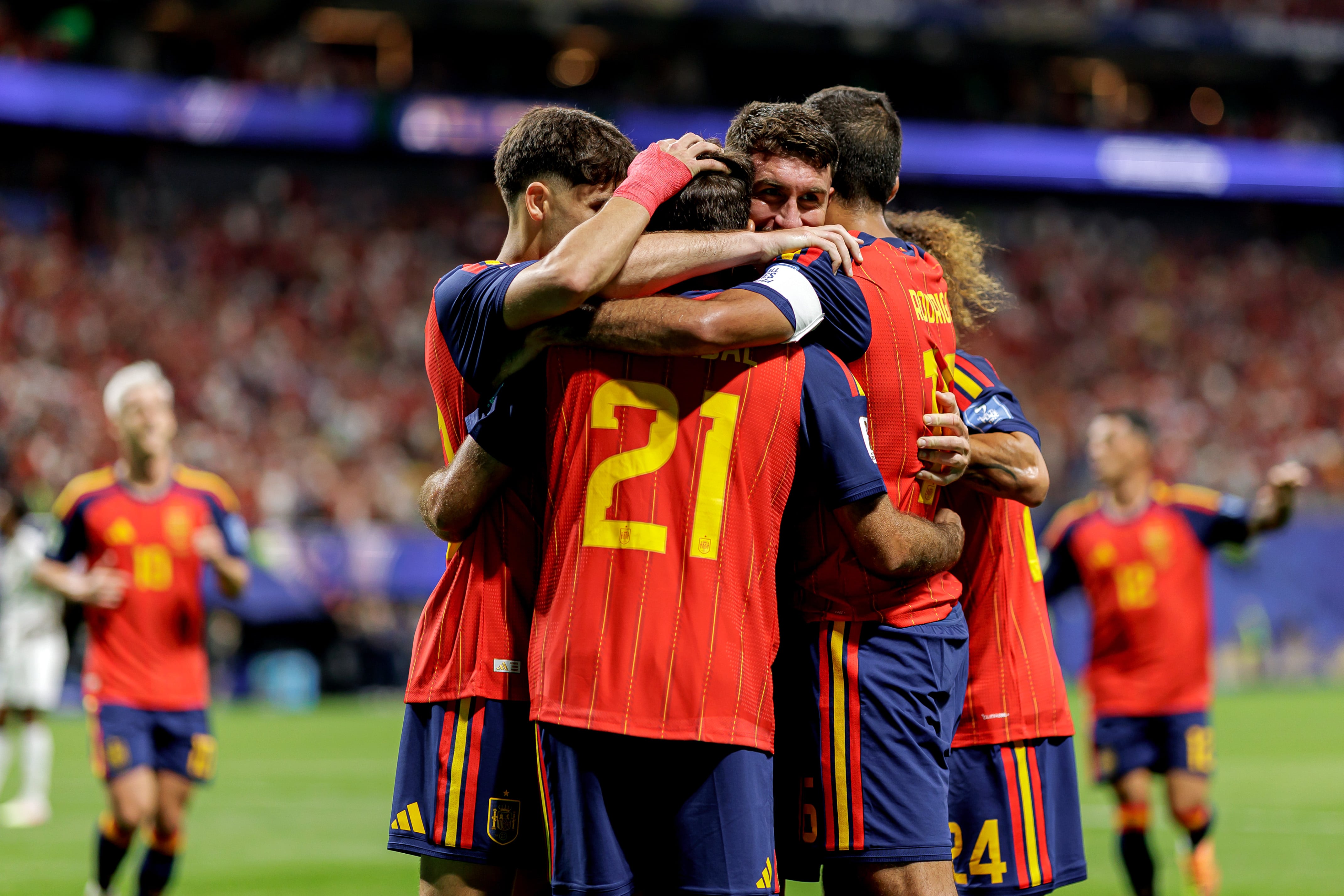 ATLANTA, UNITED STATES - JUNE 21: Mikel Oyarzabal of Spain celebrates 2-0 with Rodri of Spain, Aymeric Laporte of Spain, Pau Cubarsi of Spain, Marc Cucurella of Spain during the World Cup match between Spain v Saudi Arabia at the Atlanta Stadium on June 21, 2026 in Atlanta United States (Photo by Pablo Garcia/Soccrates/Getty Images)