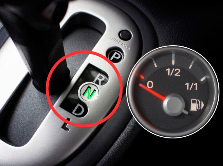 Carro en neutro / Indicador de gasolina señalando un bajo nivel de combustible (Getty Images)