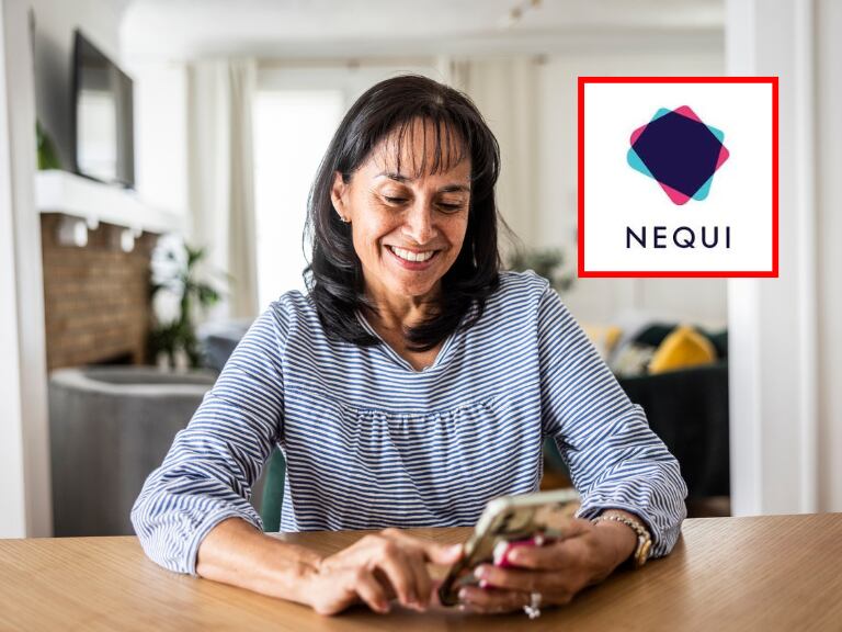 Imagen de referencia mujer en el celular y logo de Nequi // Getty Images y Nequi