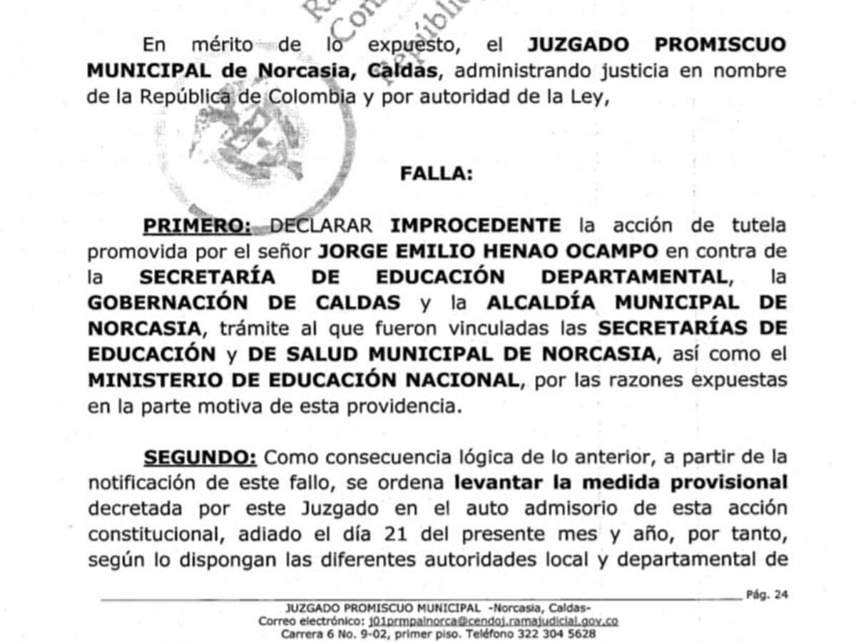 Juez de Norcasia, Caldas falló a favor de la presencialidad en un colegio