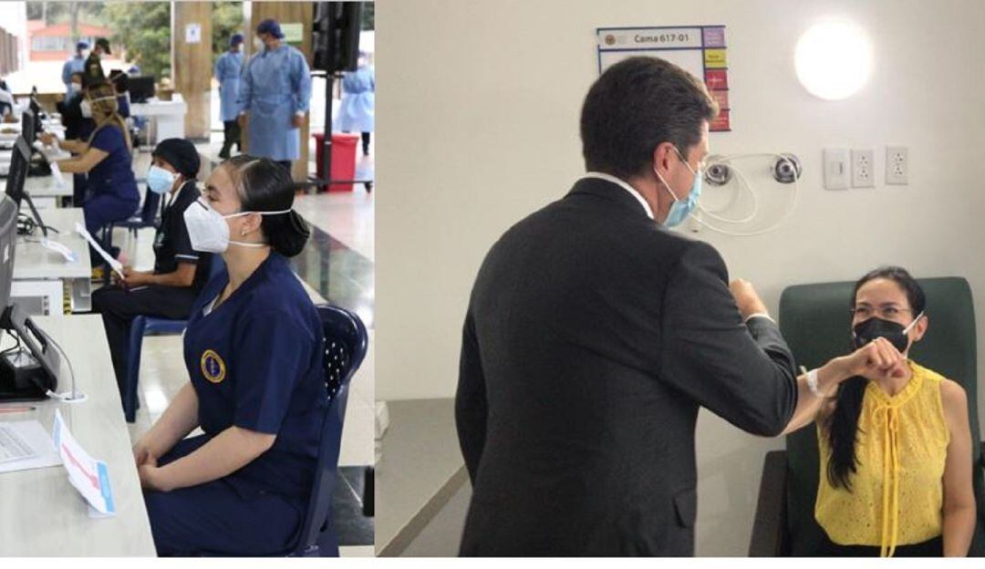 IZQ. Inicio de vacunación en el Hospital Central de la Policía Nacional. DER. Ministro de Defensa Diego Molano en el arranque de vacunación en el Hospital Militar