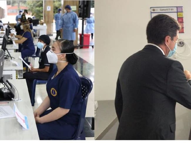IZQ. Inicio de vacunación en el Hospital Central de la Policía Nacional. DER. Ministro de Defensa Diego Molano en el arranque de vacunación en el Hospital Militar