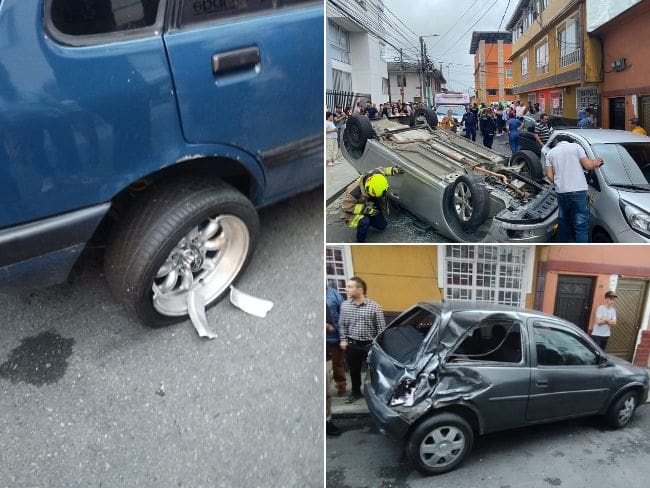 Una llanta dañada, colisión posterior y volcamiento en accidente de tránsito. Fotos: Bomberos Manizales y BYR.