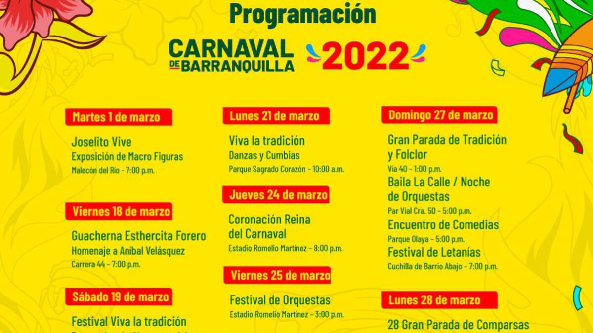 Así será la agenda del Carnaval de Barranquilla 2022