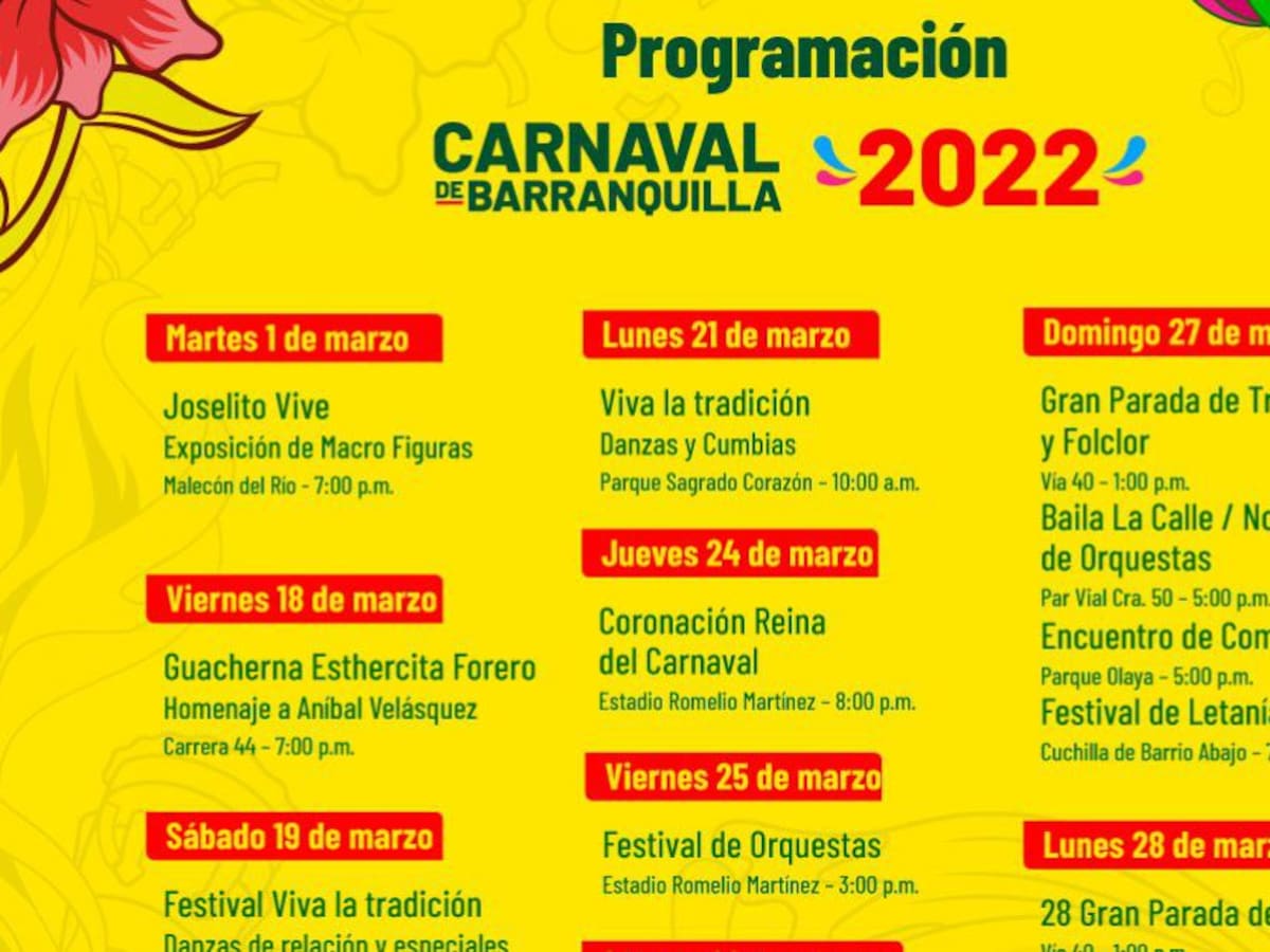 Así será la agenda del Carnaval de Barranquilla 2022