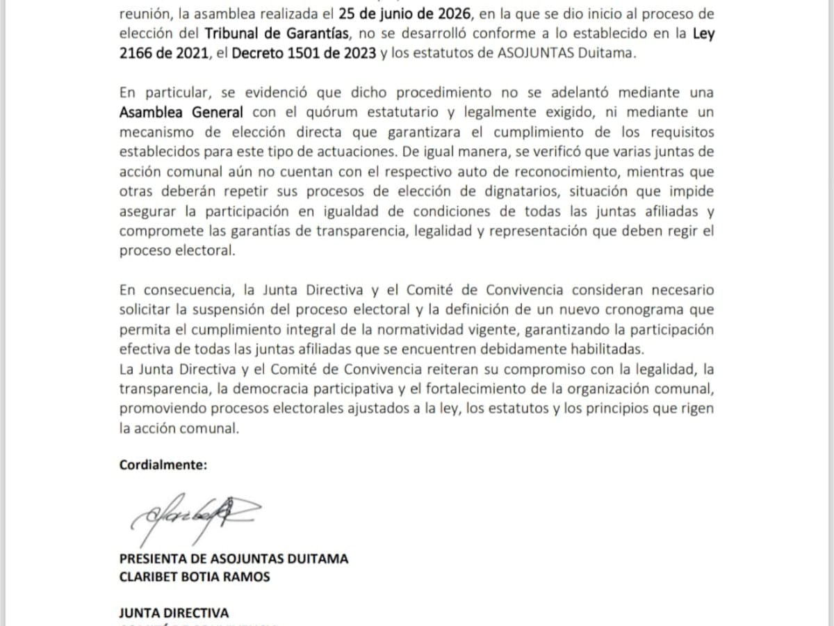 ASOJUNTAS Duitama pide suspender su proceso electoral por presuntas irregularidades