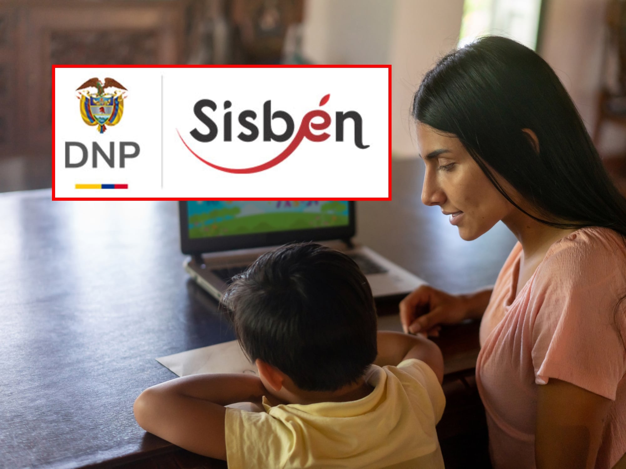 Logo del Sisbén e imagen de referencia de familia. Fotos: DNP / Getty Images