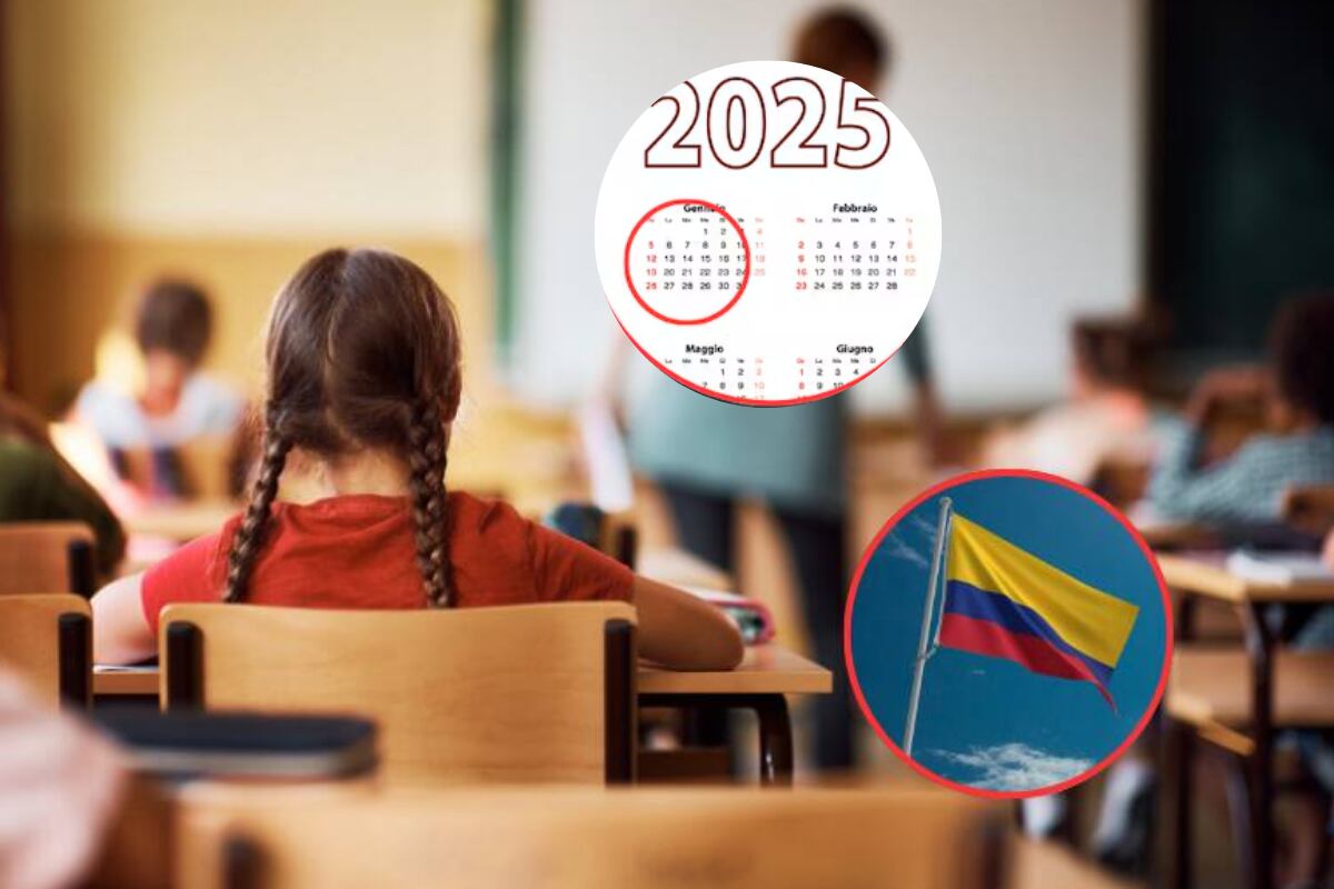 Salón de clases con estudiantes y al lado una bandera de Colombia (Fotos vía Getty Images) - Calendario del 2025 (Getty Images)