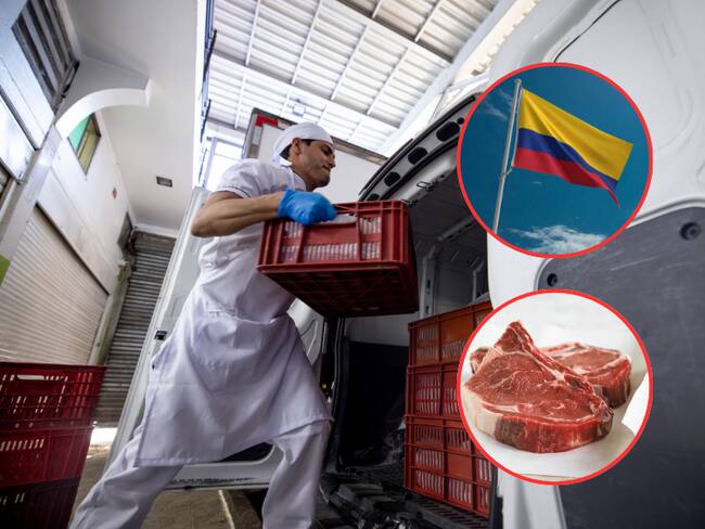 Persona ingresando alimentos a un transporte y de fondo una imagen de carne y la bandera de Colombia (Fotos vía Getty Images)