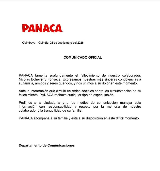 Comunicado Panaca, muerte trabajador. Foto: Cortesíac omunicaciones Panaca