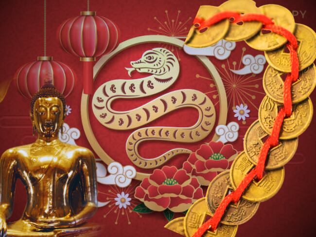 Año Nuevo Chino 2025 de la Serpiente de Madera - Buda de de la Riqueza y monedas chinas - Getty Images