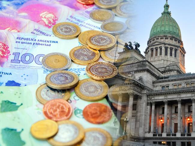 Double exposure: Congress of the Argentine Nation and money in pesos (coins and bills)