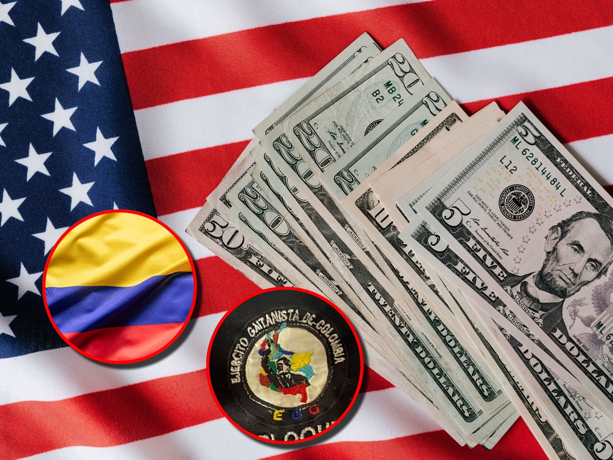 Banderas de Estados Unidos (junto a dólares) y de Colombia. También el logo del Clan del Golfo. Fotos: Getty Images y Colprensa.
