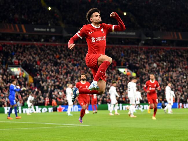 Liverpool (United Kingdom), 30/11/2023.- Luis Diaz of Liverpool celebrates after scoring the opening goal during the UEFA Europa League group E match between Liverpool and LASK in Liverpool, Britain, 30 November 2023. (Reino Unido) EFE/EPA/PETER POWELL
