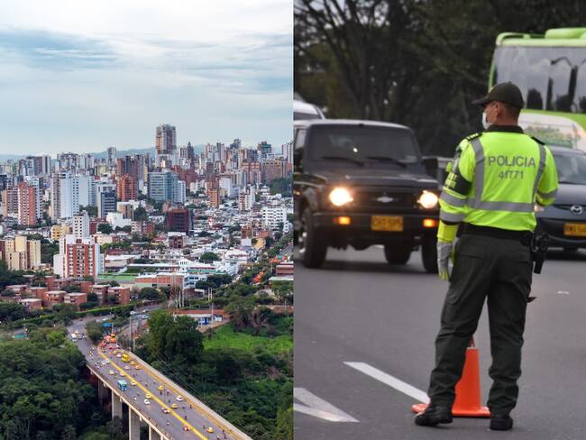 Vista panorámica de Bucaramanga y al lado un puesto de control de la Policía de Tránsito (Fotos vía Getty Images)
