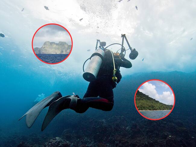 Persona buceando y de fondo la Isla Malpelo y la Islla Gorgona (Fotos vía Getty Images y COLPRENSA)