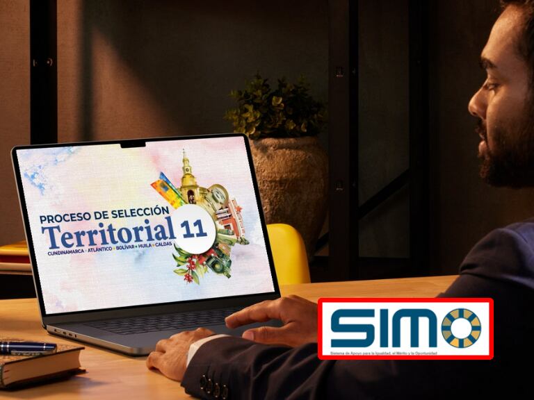 Persona en el computador viendo "Territorial 11"; logo de SIMO. (Getty Images)