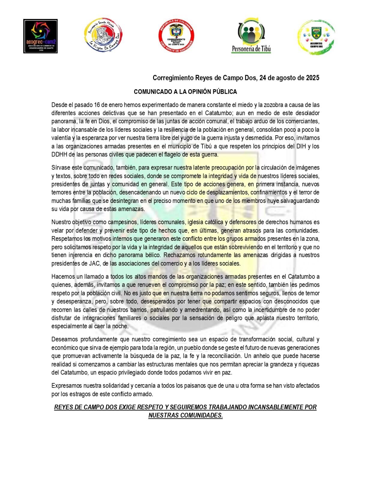 Comunicado de las comunidades del corregimiento de Campo Dos. / Foto: Cortesía.