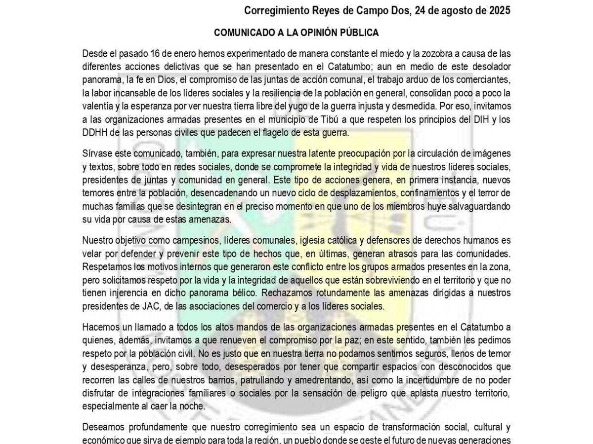 Líderes del Catatumbo lanzan alerta por amenazas y señalamientos