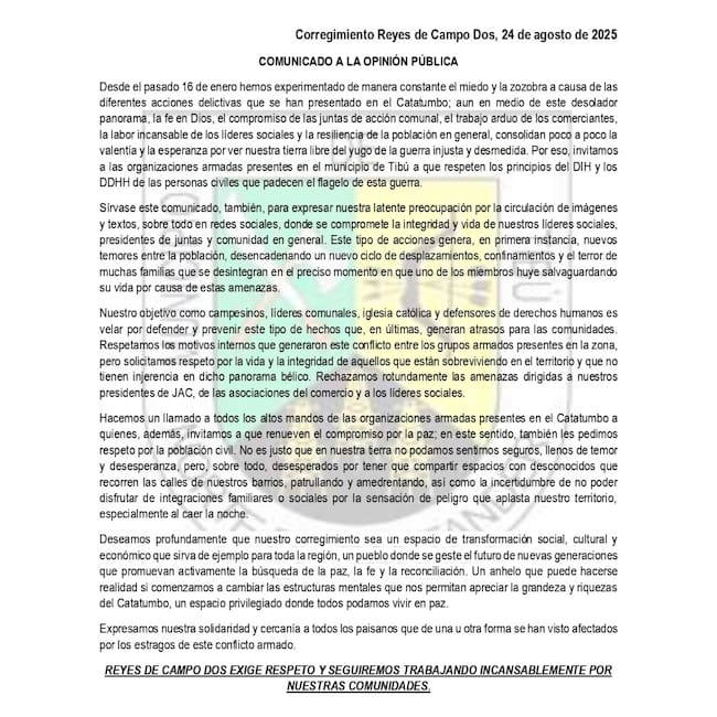 Comunicado de las comunidades del corregimiento de Campo Dos. / Foto: Cortesía.