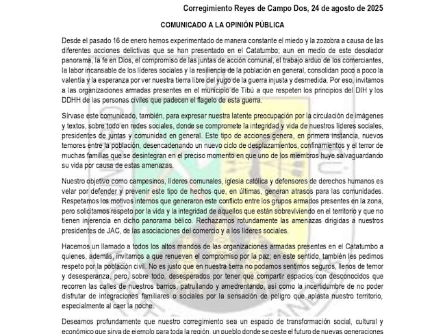 Comunicado de las comunidades del corregimiento de Campo Dos. / Foto: Cortesía.