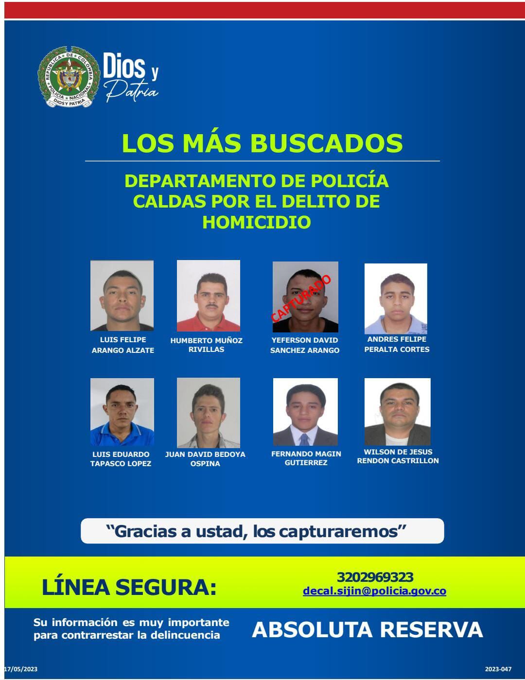 Cartel de los más buscados en Caldas