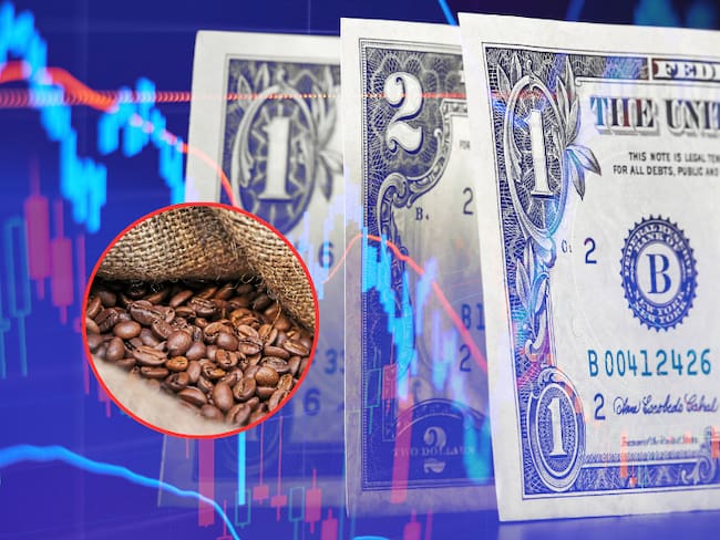 Granos de café y de fondo dólares estadounidenses y fluctuación de cifras (Fotos vía Getty Images)