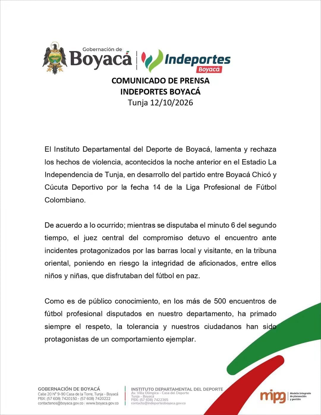 Comunicado de Indeportes Boyacá.