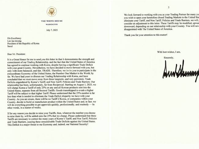 USA3712. WASHINGTON (DC, EEUU), 07/07/2025.- Fotografía publicada por el presidente de los Estados Unidos, Donald Trump, en su cuenta oficial en la red social Truth que muestra las dos páginas de la carta enviada a Corea del Sur sobre el tema de los aranceles. El presidente estadounidense, Donald Trump, avisó este lunes por carta a Japón y Corea del Sur que a partir del 1 de agosto los bienes importados desde ambos países serán gravados con aranceles del 25 %, que podrían incrementarse otro 25 % si esas dos naciones deciden a su vez aumentar sus aranceles sobre los productos estadounidenses. EFE/@realDonaldTrump /SOLO USO EDITORIAL /NO VENTAS /SOLO DISPONIBLE PARA ILUSTRAR LA NOTICIA QUE ACOMPAÑA /CRÉDITO OBLIGATORIO