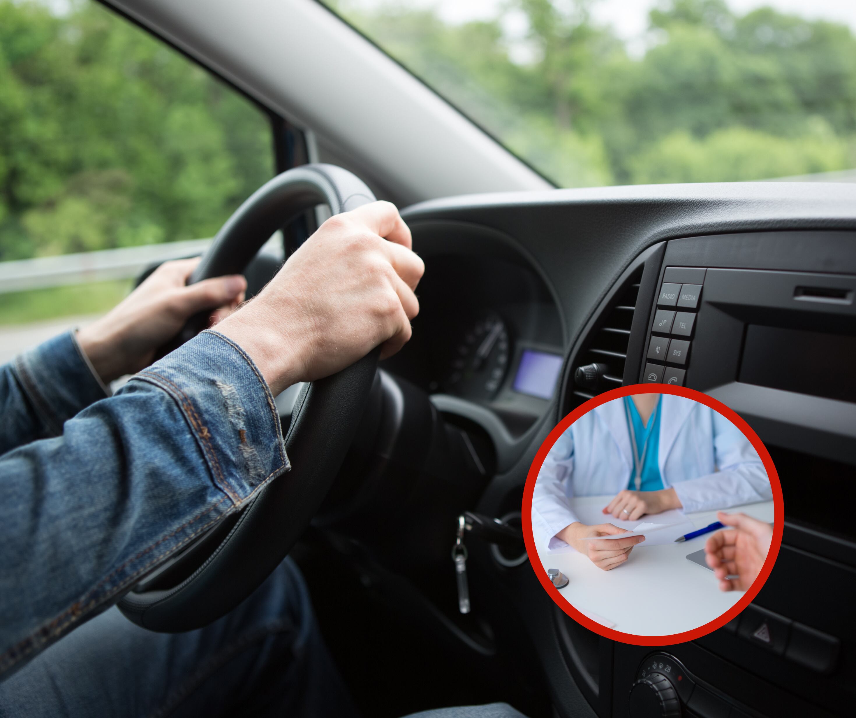 Persona conduciendo e imagen referente a exámenes médicos (Fotos vía Getty Images)