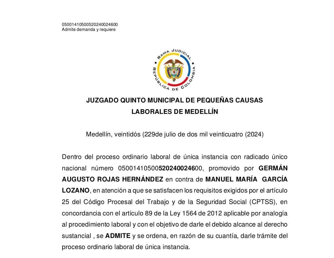 Parte inicial del documento en el que se acepta la demanda