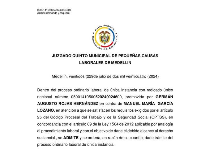 Parte inicial del documento en el que se acepta la demanda