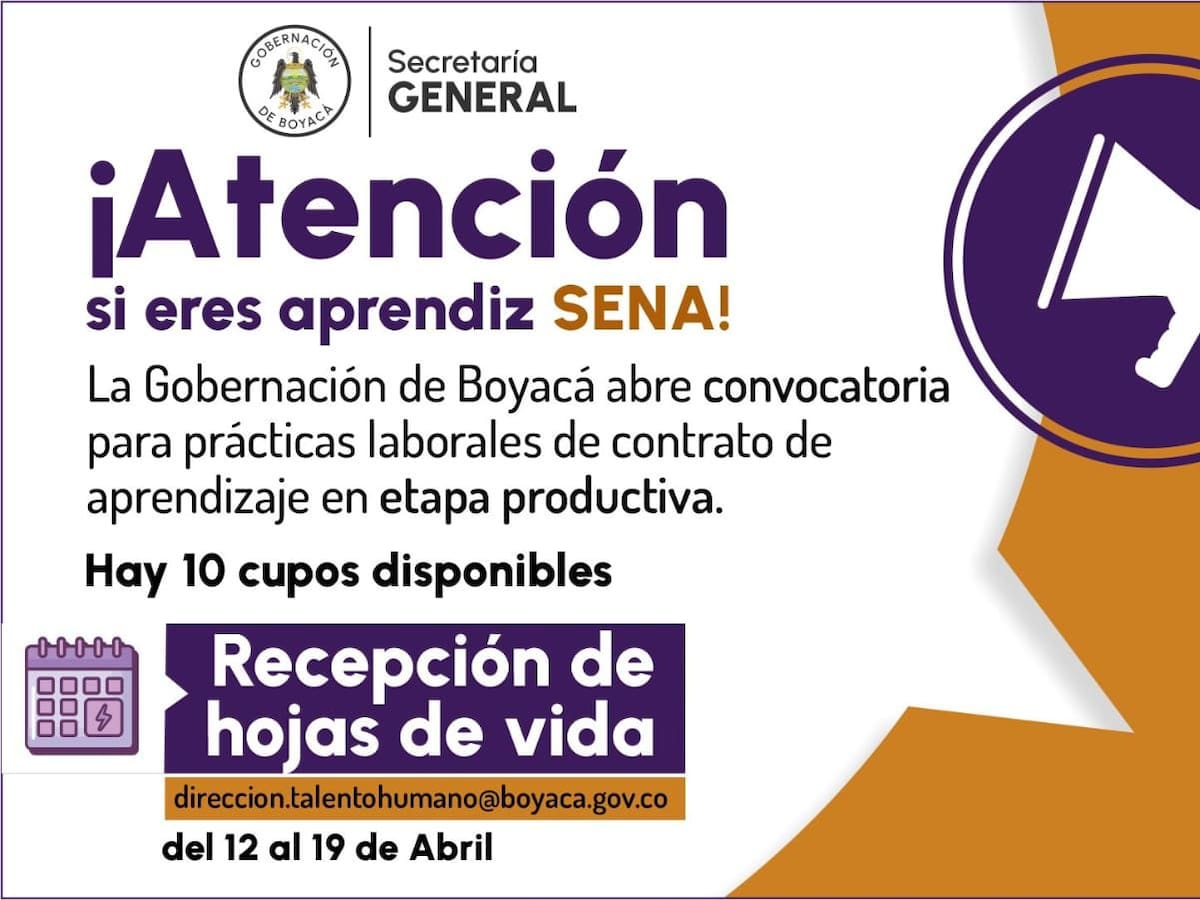 La Gobernación de Boyacá abre convocatoria dirigida para practicantes del SENA