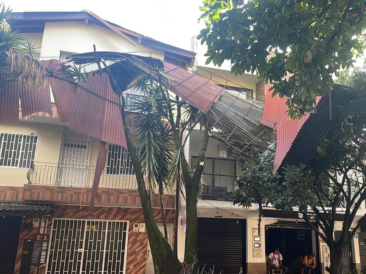 Árboles y postes caídos, además de techos caídos por fuerte aguacero en Envigado