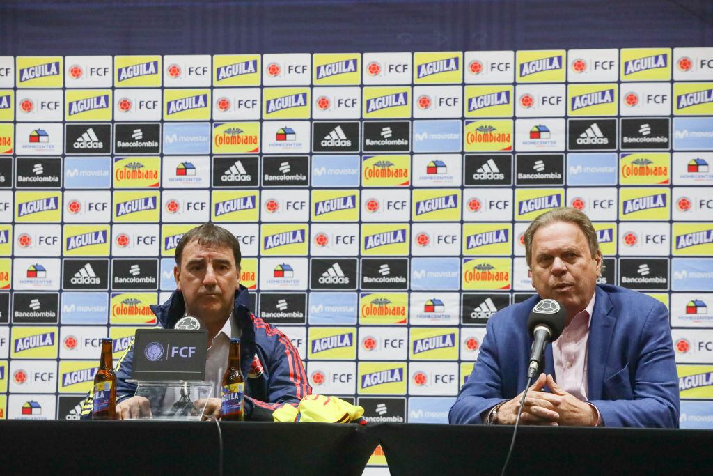 Ramón Jesurún y Néstor Lorenzo, el día de la presentación del argentino como nuevo DT de la Selección Colombia / Getty Images