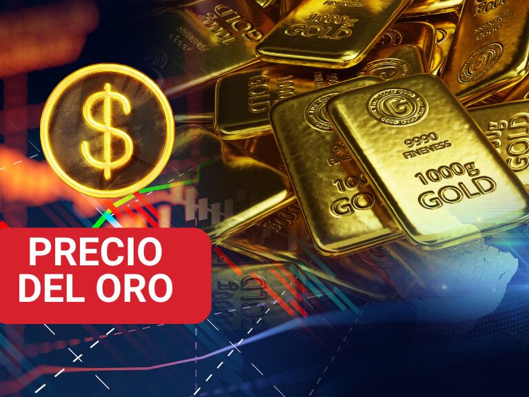 Lingotes de oro una ilustración de cifras fluctuantes y de fondo un signo de pesos dorado (Foto vía Getty Images)
