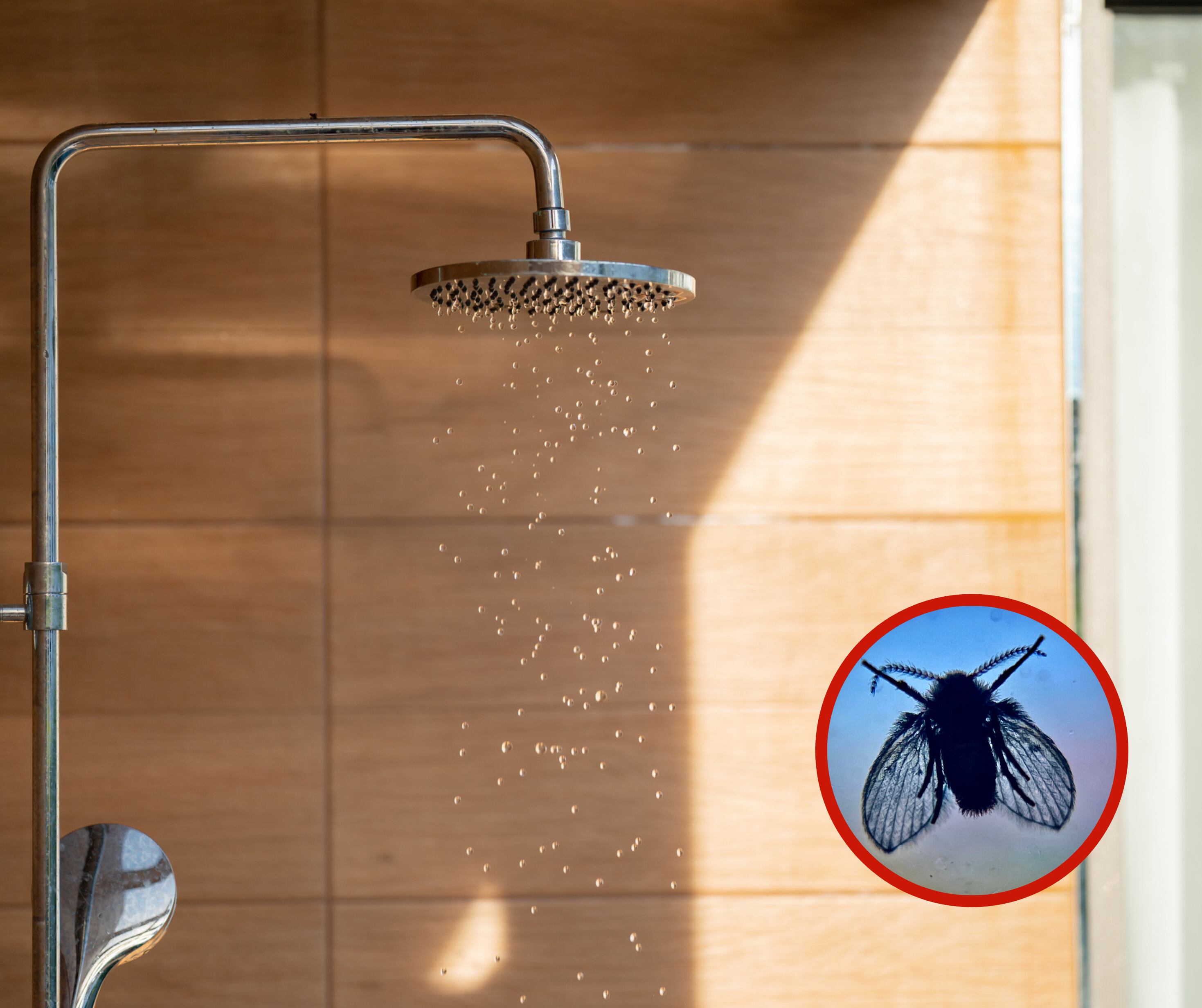 Regadera junto a una imagen de una mosca de drenaje (Foto vía Getty Images)